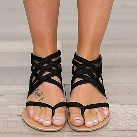 

jjayotai Women Shoes Clearance Ladies Flat Sandals Zipper Open Toe Slippers Roman Shoes Summer Beach Sandals Rollbacks Black