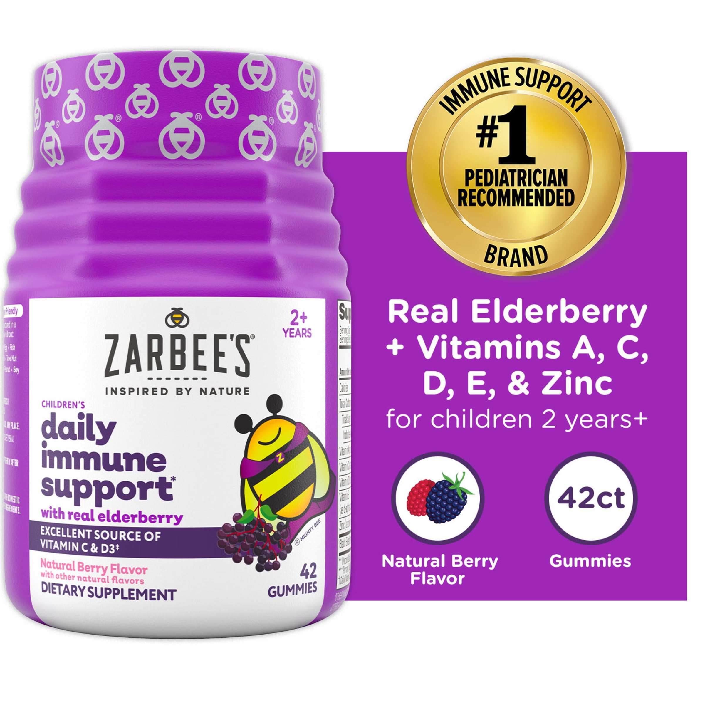 Zarbee's Kids Immune Support Gummies- Elderberry, Vitamins, Zinc, 42ct