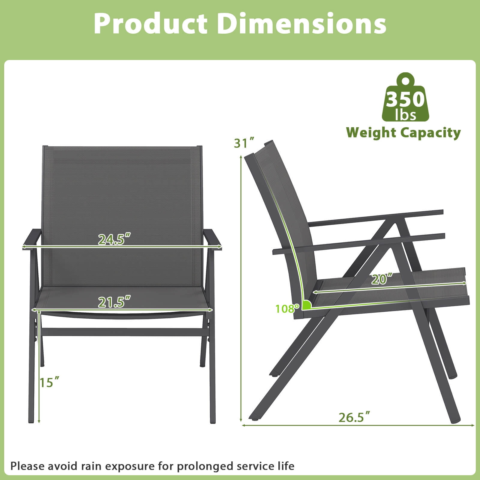 Costway Patio Chairs Set of 4with Breathable Mesh Fabric and Metal Frame 350LBS Capacity