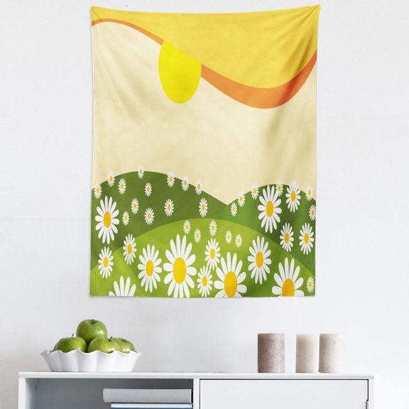 Nature Tapestry, Daisy Flower Field with Chamomiles Hill Under Sun Idyllic Cartoon, Fabric Wall Hanging Decor for Bedroom Living Room Dorm, 5 Sizes, Earth Yellow Lime Green, by Ambesonne
