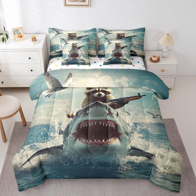 Erosebridal Ensembles de Literie Requin Raton Laveur Taille Simple, Ensembles de Couette Faune Océan avec Draps, Décoration de Chambre d'Animal, Réversible, 7 Pcs