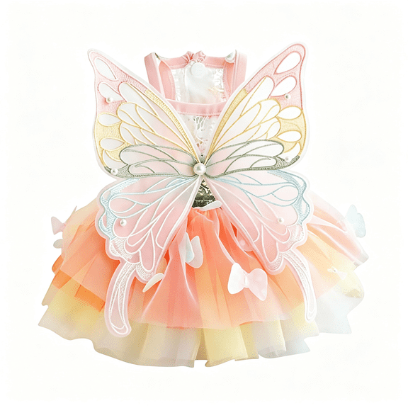 GASTROPOD Butterfly Fairy Dog Dress with Wings,Rainbow Tulle Tutu Costume for Small Dogs Cats Rabbits,Adjustable Princess Pet Outfit for Halloween Christmas Easter