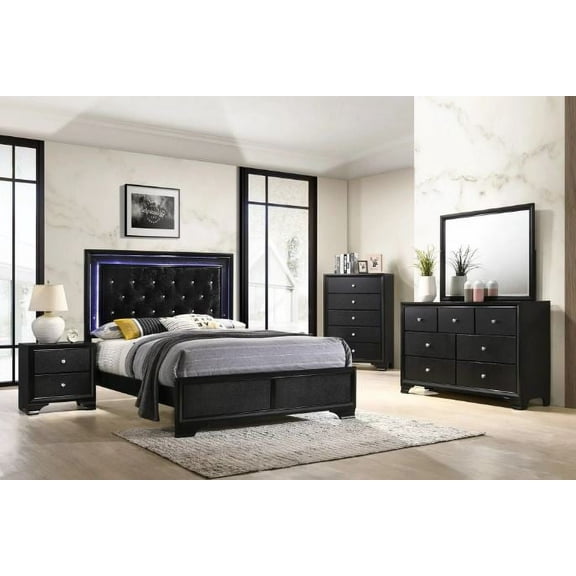 5 Pc Mirabella Black Modern Glam LED Upholstered Queen Bedroom Set