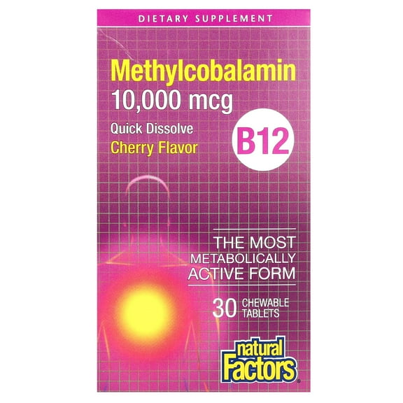 Natural Factors B12 Methylcobalamin, 10,000 mcg, Cherry, 30 Chewable Tablets