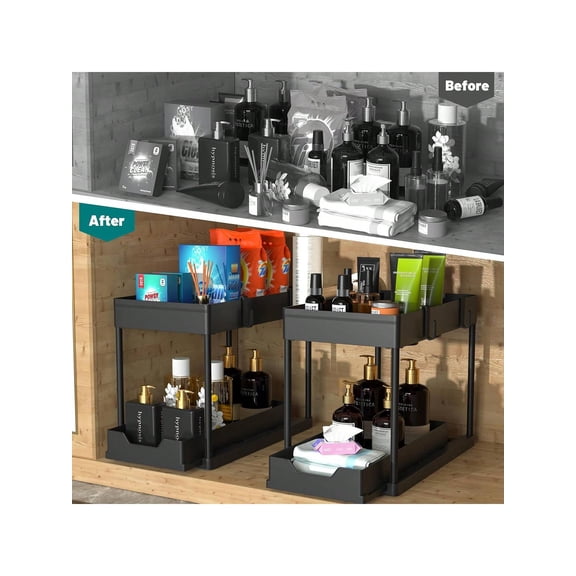 2 Pack Under Sink Storage Organizer, 2-Tier Metal Cabinet Storage Shelf with Towel Hook, Space-Saving Caddy for Kitchen Bathroom Cleaning Supplies