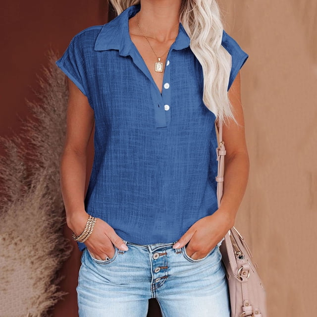 Jsaierl Chemises en Coton et Lin pour Femmes 2024 Couleur Unie Col à Revers Manches Courtes Blouses Classiques Amples Simples