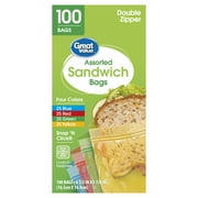 Great Value Double Zipper Sandwich Bags, Assorted Colors, 100 Count