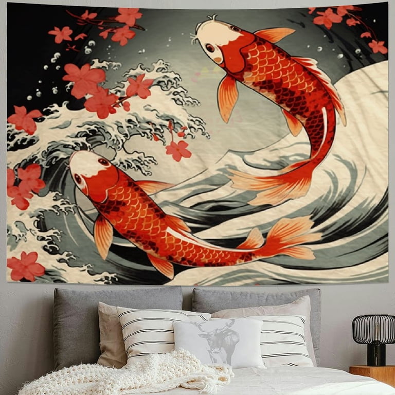 chinese fish sun art box Shiartex Anime Japanese Yin Yang Koi Fish Wall Art Tapestries, Retro Asian  Kanagawa Wave Cherry Blossom Sun Sunrise Sunset Floral Tapestry Wall Haning  for Bedroom Dorm Home Decor 40x60inch