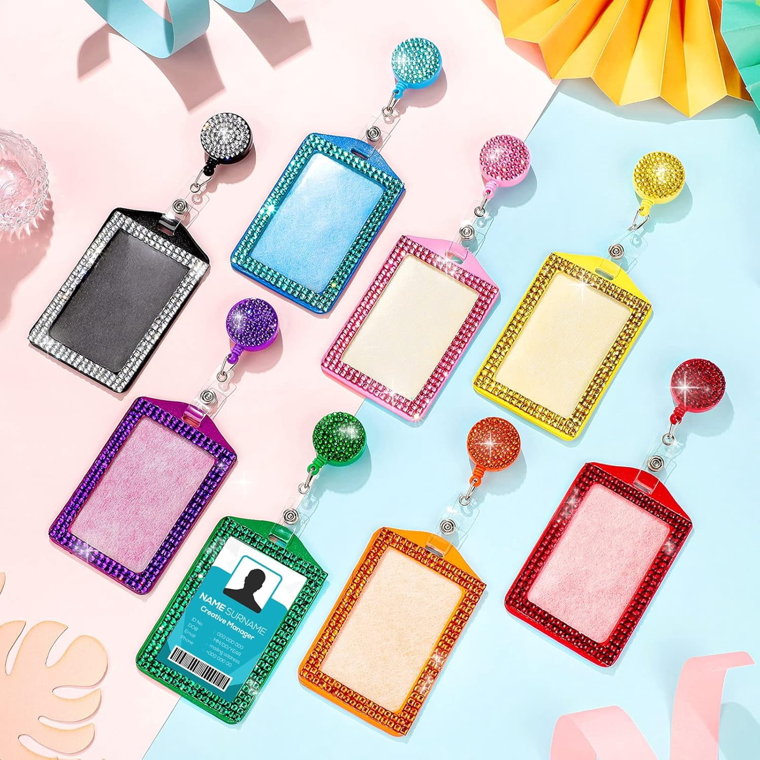 8 Pieces Rhinestone Badge Holder Bling ID Card Holder Crystal Cute Badge Holder Retractable Reel Clip Vertical ID Holder for Office Business Home Nurses, 8 Colors(Vertical)
