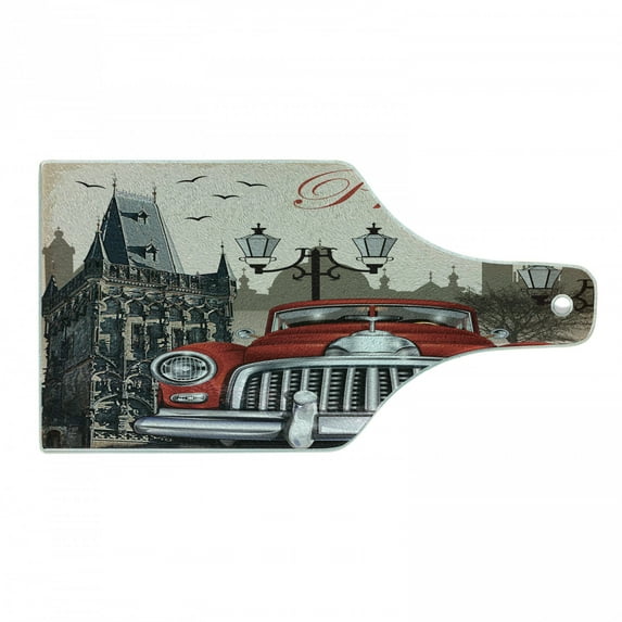 Prague Cutting Board, Gothic Architecture Themed Building with Vermilion Car Retro, Decorative Tempered Glass Cutting and Serving Board, in 3 Sizes, by Ambesonne