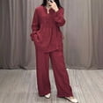 thumbnail image 6 of 2 Pcs/Set Women Top Pants Suit Round Neck Half Single-breasted Long Sleeves Loose Blouse Wide Leg Pure Color Trousers Casual Pantsuit Sport Clothes, 6 of 8