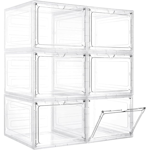 Storage Bins with Lids, 6 Pack Clear Plastic Storage Containers with Magnetic Acrylic Door, 19 Qt Stackable Storage Box for Home,Office Organizing