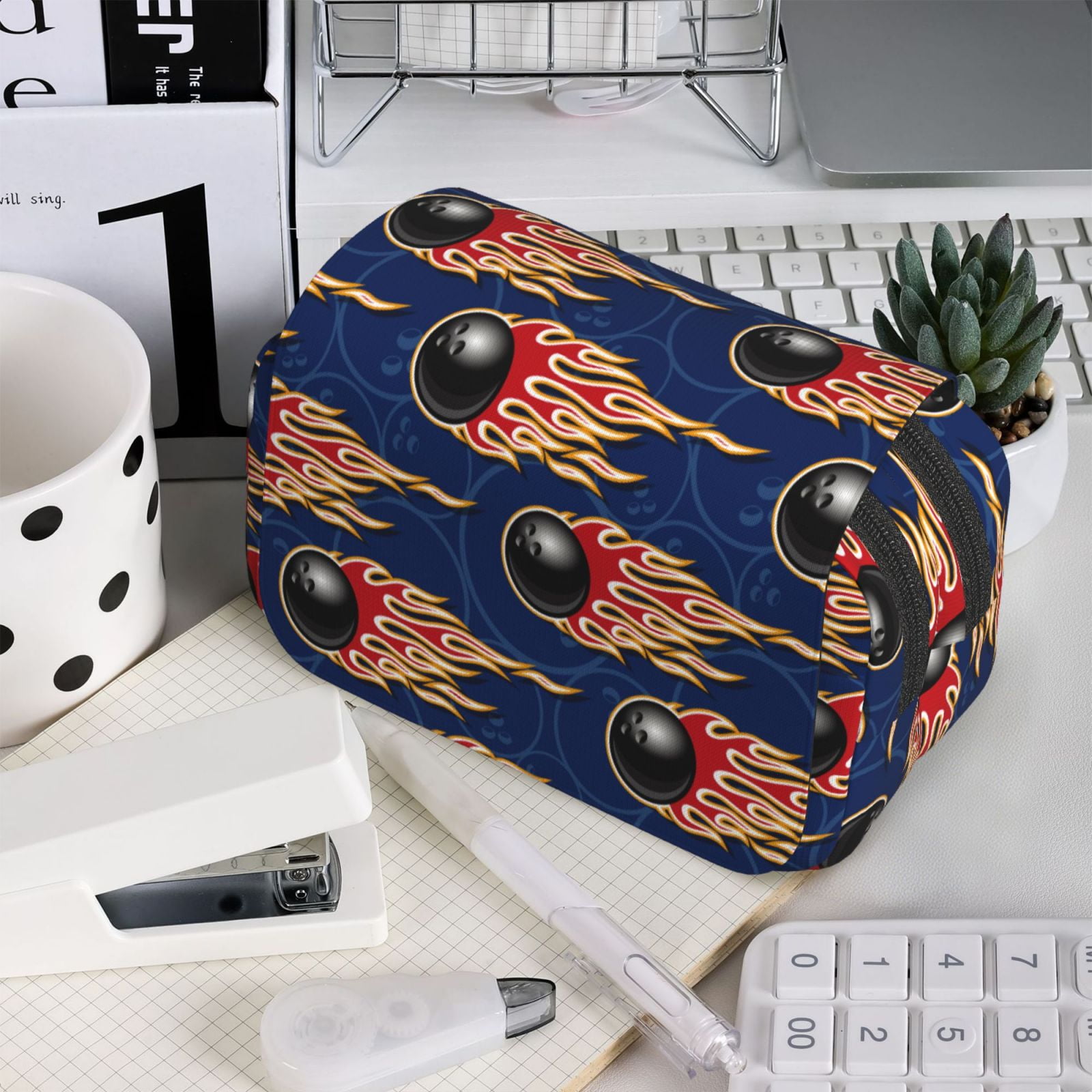 Rateoe Bowling Ball And Flame Pattern Double Clamshell Pen Case, Storage Organizer with Two Zipper Compartments– Holds Up to 50 Pencils & Pens