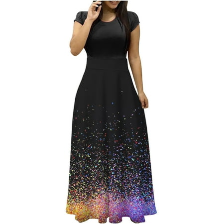 

YanHoo Women s Beach Dresses Short Sleeve High Waist Crew Neck Maxi Dress Summer Casual Print Long Dress