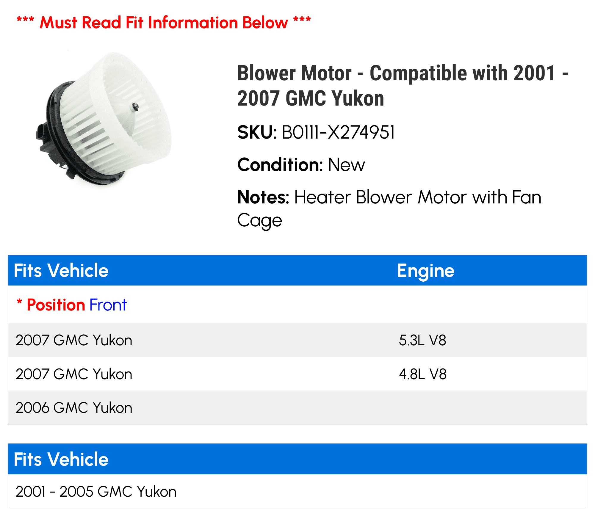 Blower Motor - Compatible with 2001 - 2007 GMC Yukon 2002 2003 2004 2005 2006