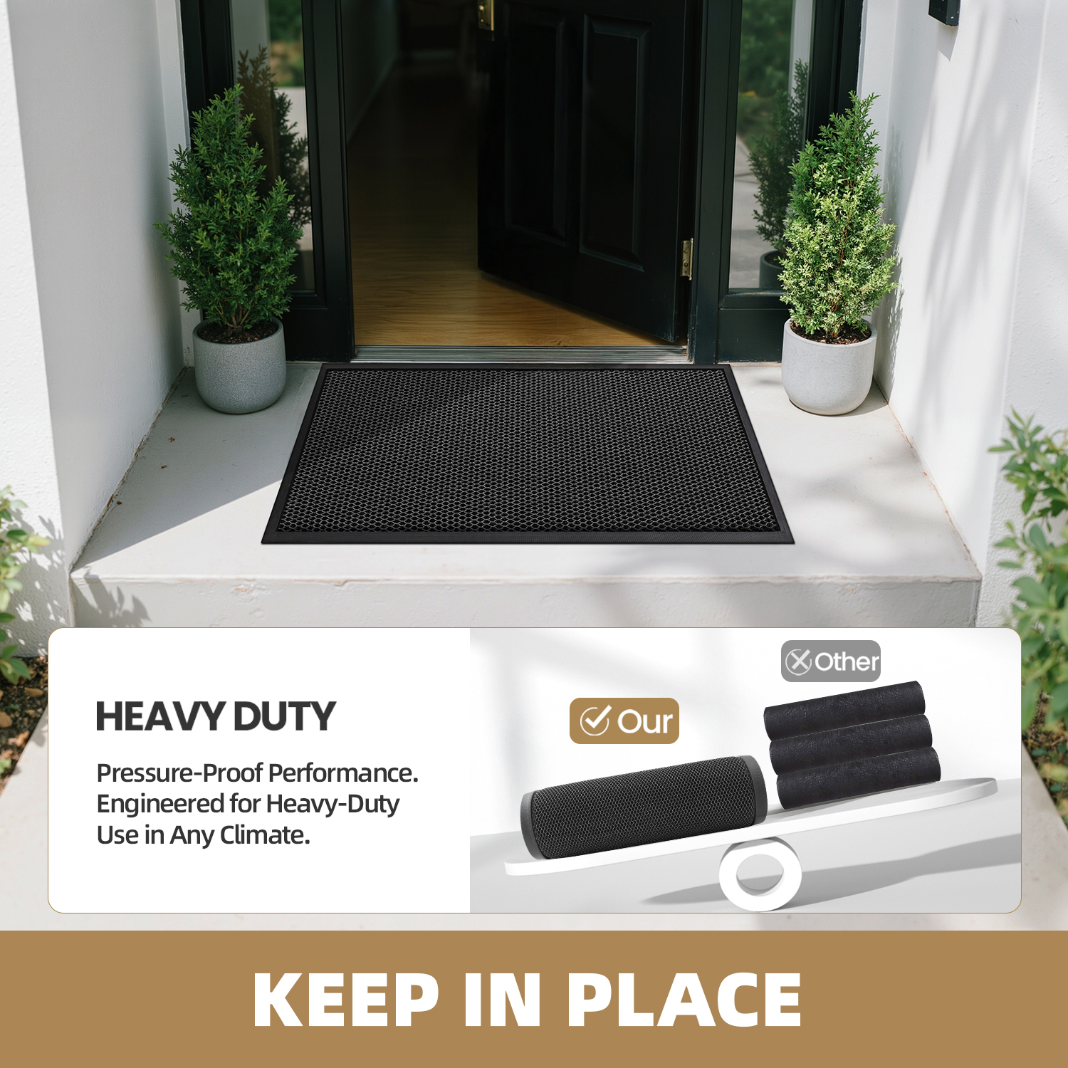 PABUBE High Stretch Elastic Silk Outdoor Doormat, Quick-Dry & Heavy-Duty Welcome Mat, Non-Slip Front Door Mat for Outside Entry, Low Pile Patio Doormat for Entry Rug, Black, 36"x59"