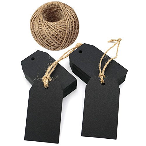 G2PLUS 100 Pcs Black Gift Tags with String,3.5”x 1.7”Blank Paper Hang Tags with Jute Twine Rectangle Valentine Gift Tags for Arts and Crafts