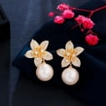 thumbnail image 2 of Dangle Drop Flower Pearl CZ Earring for Women Party Yellow Gold Plated Jewelry, 2 of 9