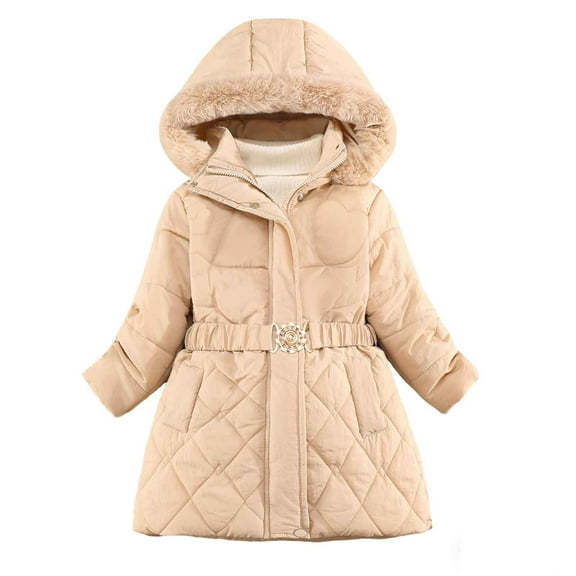 IVEYRTF Girls Warm Winter Jacket with Hood Mid Long Length Windproof Coat for Cold Weather Soft Breathable Kids Outerwear Zipper Closure Active(Beige,3-4 Years)