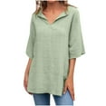thumbnail image 2 of Ersazi Short Sleeve Tops for Women in Clearance Women's V-Neck Short Sleeve Loose Cotton and Linen Summer Tops Blouse Green M, 2 of 7