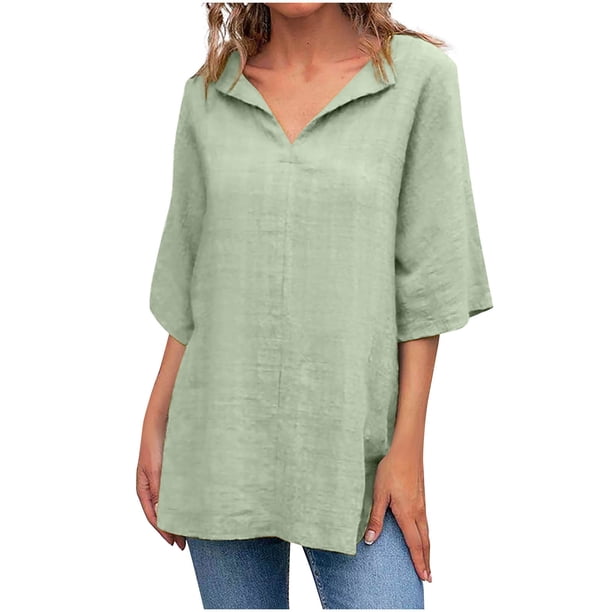 Camisas sueltas de algodón y lino de manga corta con cuello en V para mujer, blusas de verano OAVQHLG3B Store lin121212