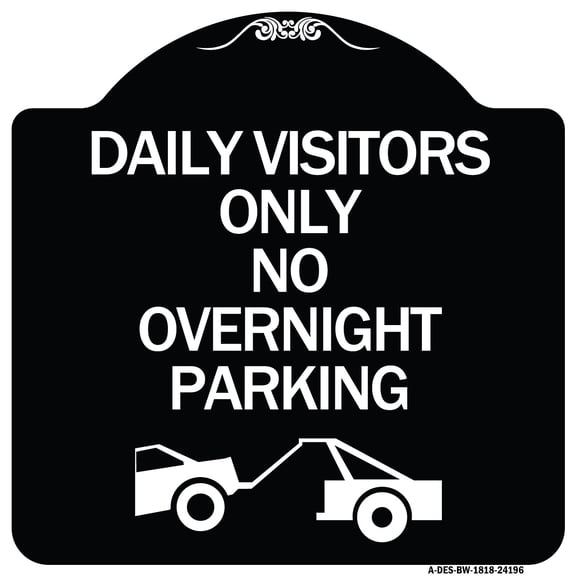 SignMission Designer Series Sign - Day Visitors Only No Overnight Parking (With Graphic) | Black & White 18" X 18" Heavy-Gauge Aluminum Architectural Sign | Made in the USA