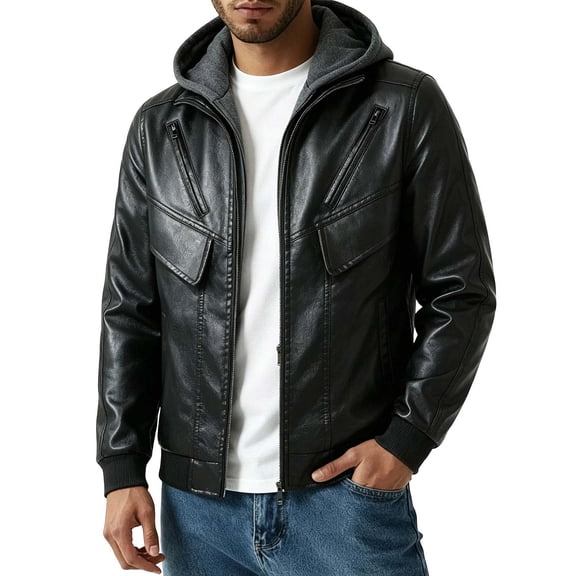 WIZUTIZ Men's Leather Jacket Solid Color Motorcycle Vintage Zipper Pocket Long Sleeve Hoodless PU Coat for Winter Casual Daily Outdoor Mens Fashion