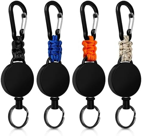Retractable Keychain 4 Pieces Heavy Duty Carabiner Badge Holder Retractable Badge Reel ID Holder Extendable Key Ring Key Holder with 23.6” Steel Cord and Paracord(Black + Beige + Blue + Orange)