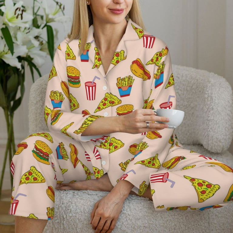Goofa Hamburger Pizza Coke Printed Women s 2 Piece Pajama Set Super Pajamas Women s Long Sleeve Sleepwear Soft Button Down Loungewear Pjs Lounge Set Nightwear Medium Walmart
