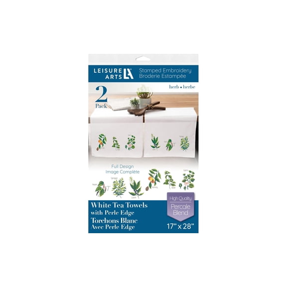 Leisure Arts Stamped Embroidery Tea Towels 2 Pack Herbs Designs 17x28 | Beginner Hand Embroidery Kit for Adults | Perle Edge Cotton Blend Towels w/ DMC, Anchor & Coats Floss Guide
