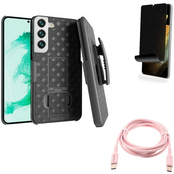 Privacy Screen Protector & Pink 6ft Long Cable & Case Belt Clip for Samsung Galaxy S22 Plus (S22 ) - Combo TPU Film (Fingerprint Works) Anti-Peep & USB-C to Type-C PD Fast Charger Cord & Holster