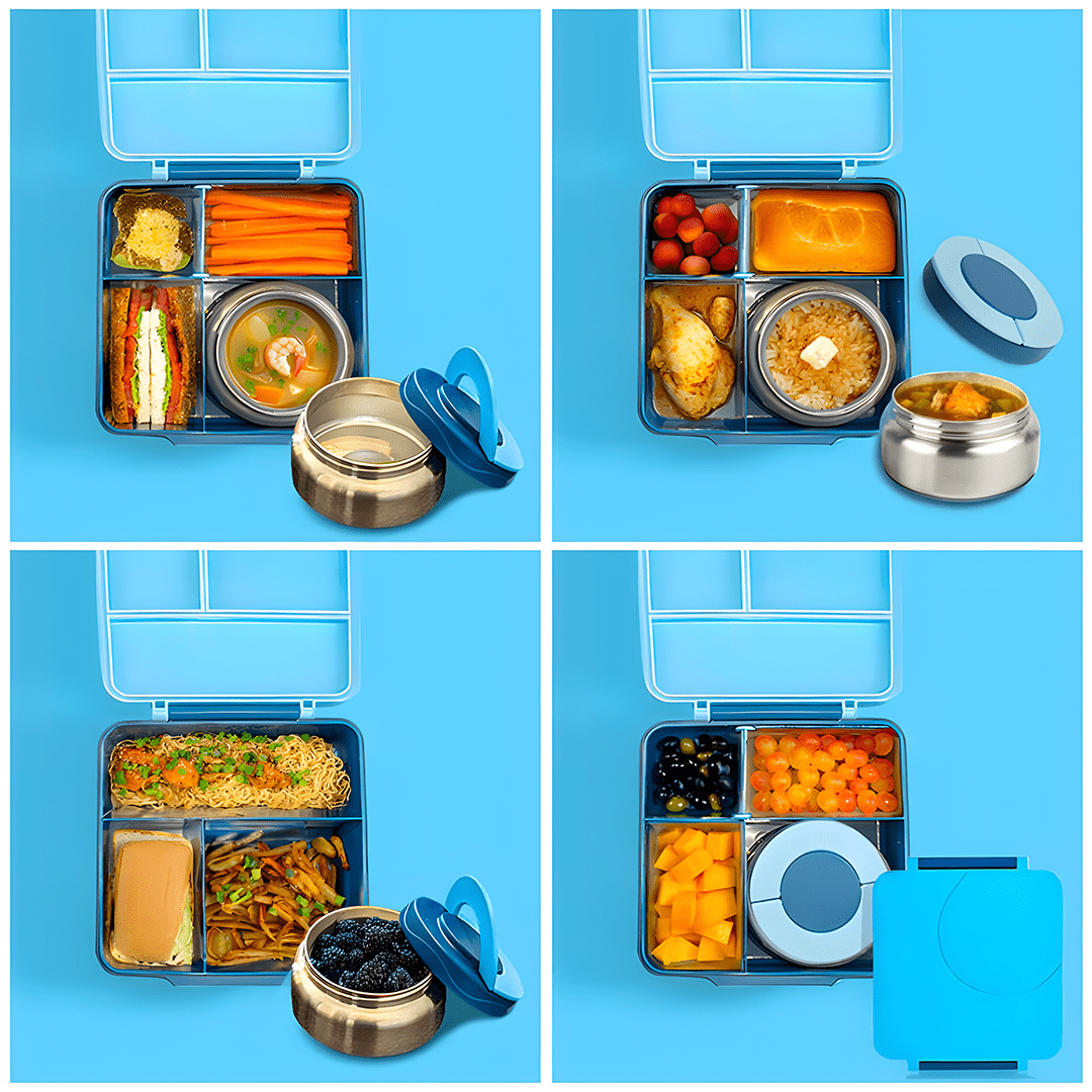 PoppiKids, Bento Lunch Box for Kids Meals, with Thermos Soup Food Jar - Blue