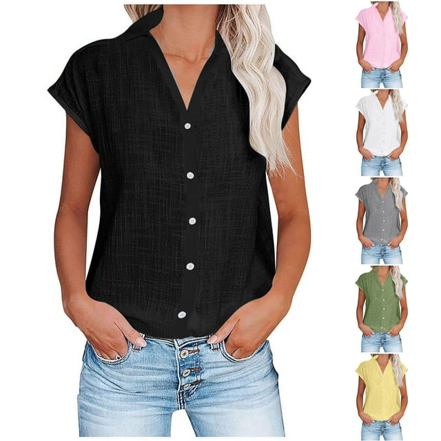 QIPOPIQ Womens Casual Short Sleeve Button Down Shirts V Neck Collared Shirt Tops Blouses with Pockets Clearance