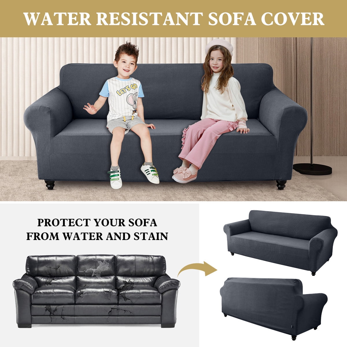 Sanmadrola Couch Cover Water Resistant Stretch Sofa Slipcover Jacquard Furniture Protector for Kids Pets Dog Cat, Dark Gray, Sofa