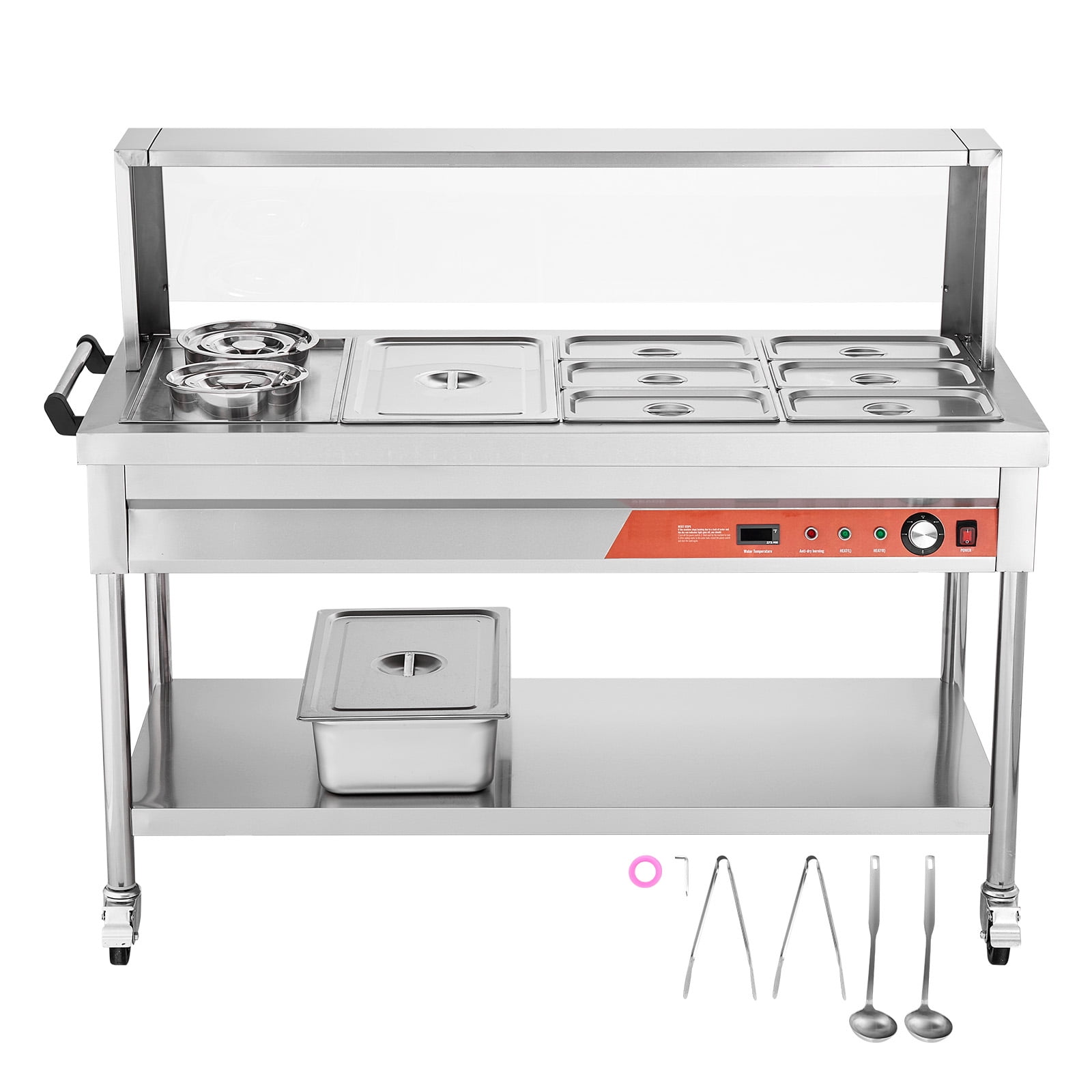 KFFKFF Commercial Electric Food Warmer with 7 Pans and 2 Pots, 1800W Steam Table for Buffet Catering, Stainless Steel Server with Shield, Undershelf, and Wheels for Events and Restaurants