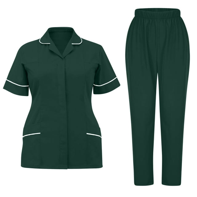 Styesk Sarraus pour Femmes Ensembles de Sarraus Extensibles à Empiècements Pantalons de Sarrau Taille Haute Col à Revers Haut de Sarrau à Manches Courtes Ensemble 2 Pcs d'Uniformes d'Infirmière avec Poches Sarraus Confortables Grande Taille Tenue de Travail