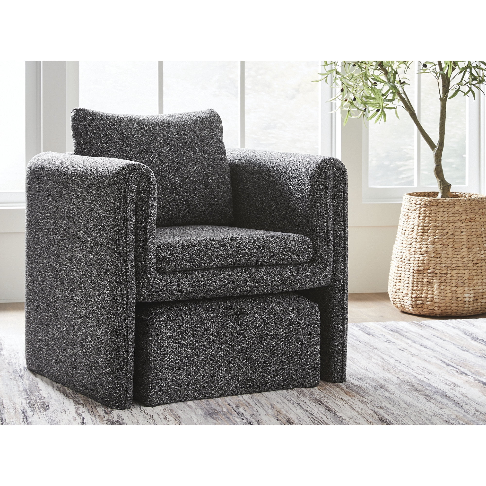 Signature Design by Ashley Vreni Accent Chair and Ottoman, Charcoal Black, Small Space Living Room Accent Seating, Polyester Upholstery