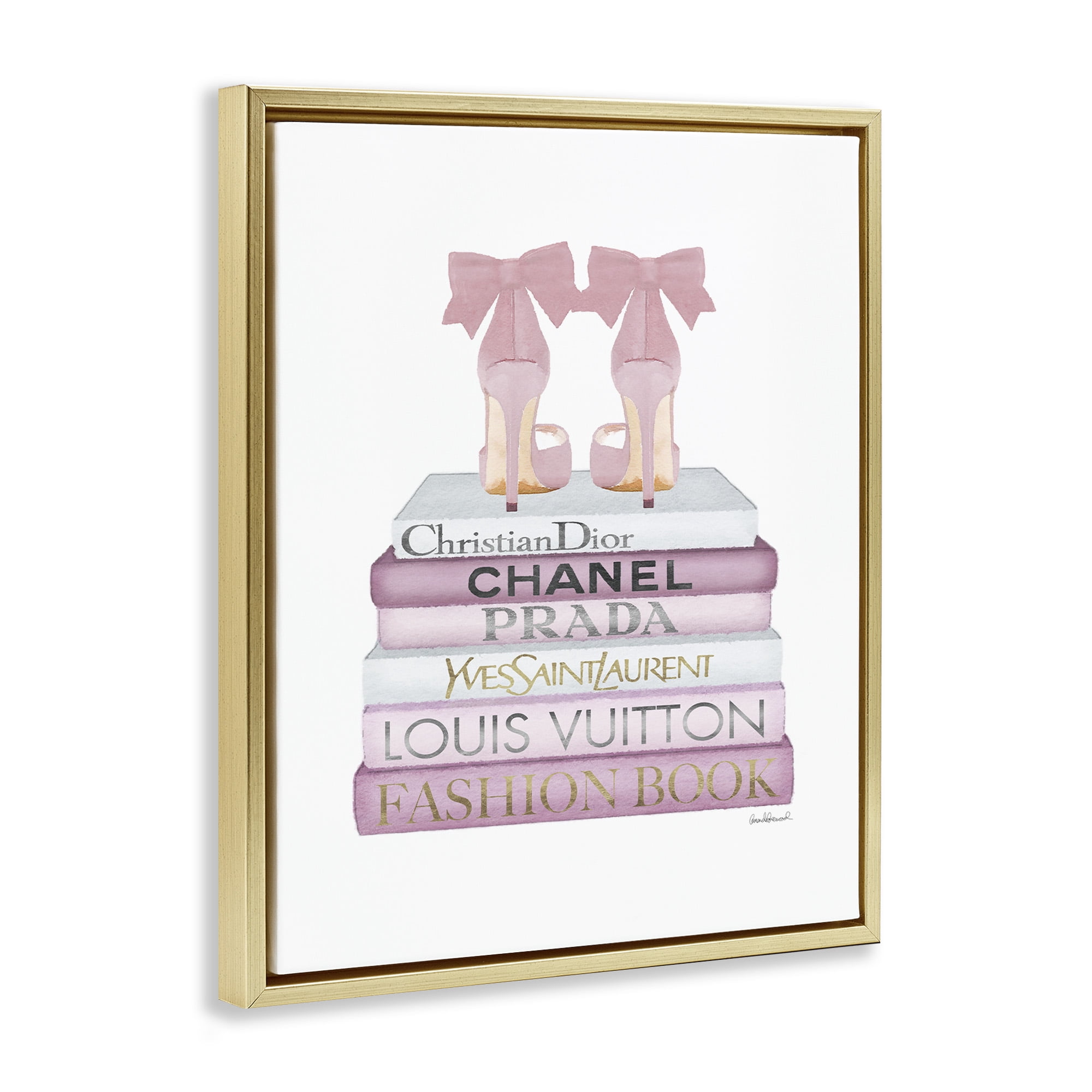 Stupell Industries Pastel Pink Heels & Books Beauty & Fashion Painting Gold Floater Framed Canvas Art Print Wall Art, 17 x 21