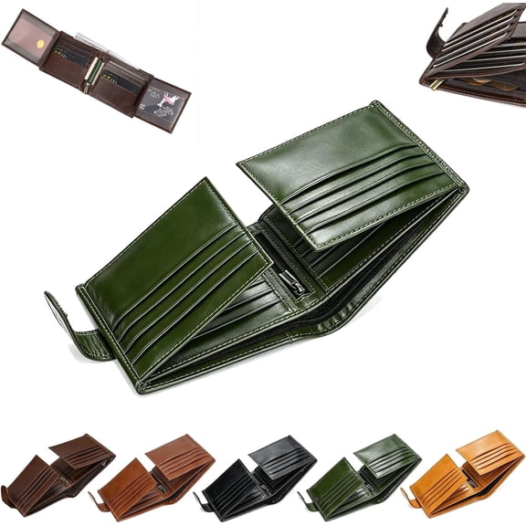 Vintage Top-Grain Leather Bifold Wallets for Men, Ultra Slim Anti Theft Foldable Wallet, Large Capacity Fashion Wallet (Green)