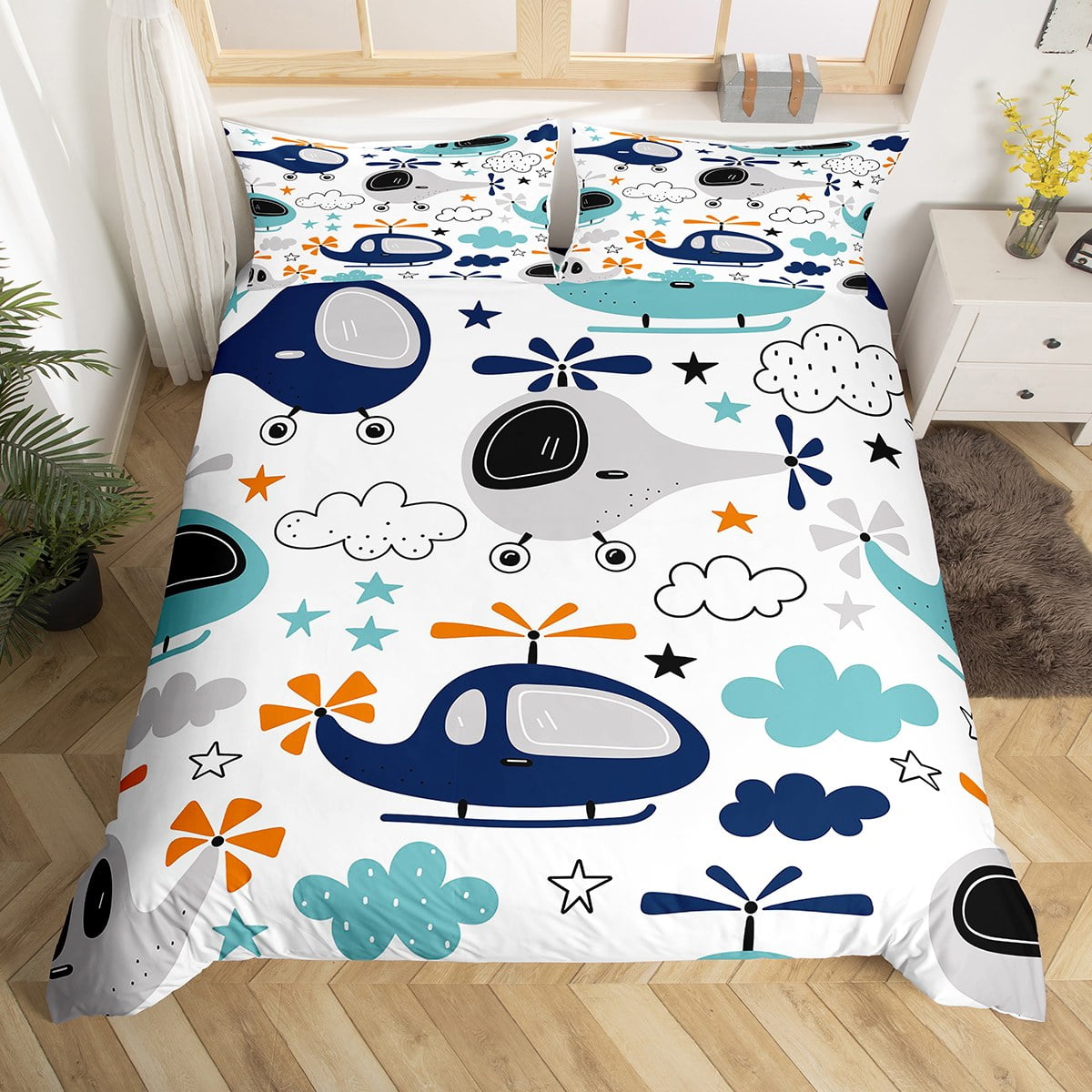 YST Cartoon Helicopter Duvet Cover for Kids Boys Girls,Child Airplane  Bedding Set Queen Size,Cute Aircraft Comforter Cover,Hand Drawn Clouds  Doodle