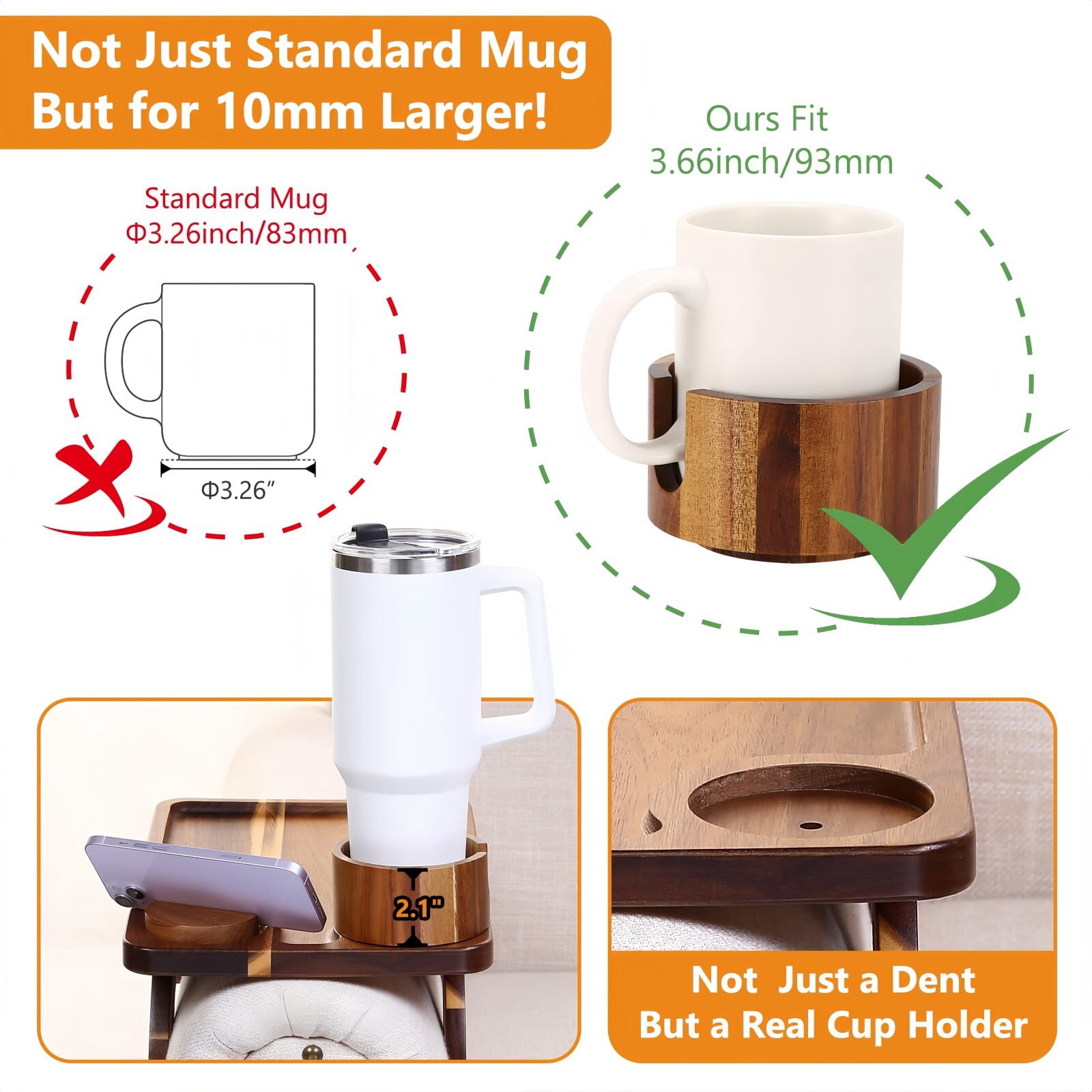 Kelno Couch Armrest Tray 3 in 1 Sofa Arm Tray Table with Swivel Cup Holder Phone Stand, Acacia