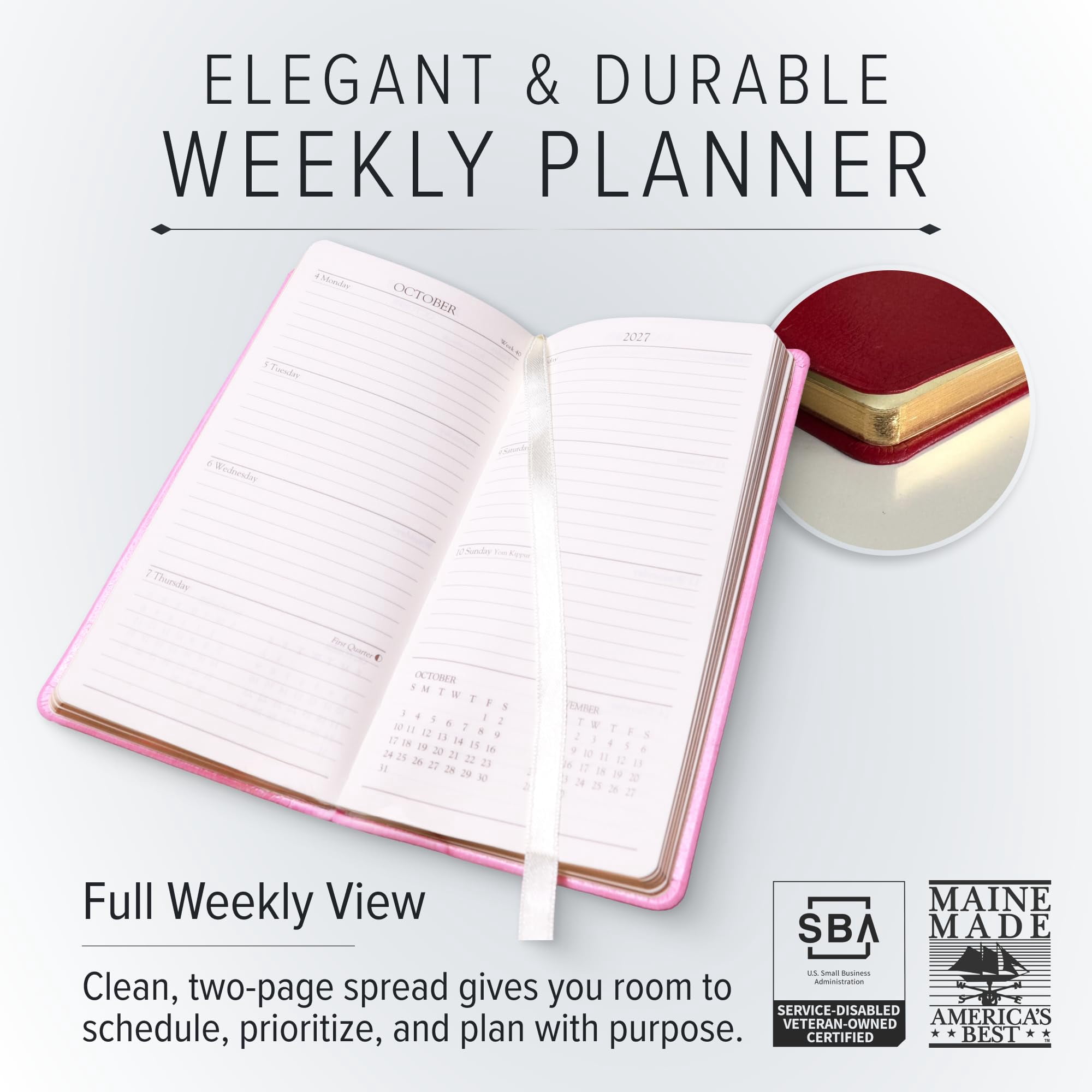 Gallery Leather Pocket Weekly Monthly Planner 2027, Elegantly Bound Calendar Planner and Notebook with Stylish Gold-Gilded Page Edges, 12 Months - Acadia Lime - 6x3.25"