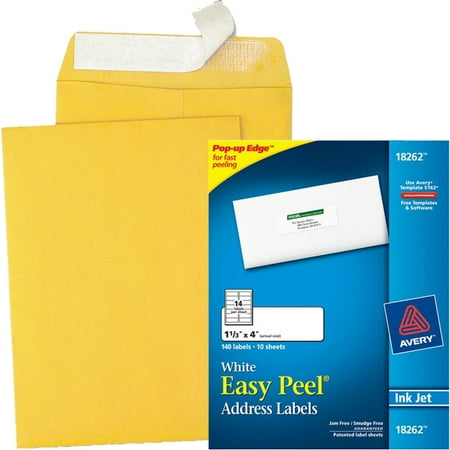 Quality Park Redi-Straightip Kraft Catalog Envelopes and Avery Easy Peel White Address Labels 18262, 1-1/3" x 4", Laser/Inkjet, 140pk Bundle