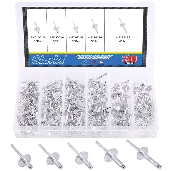 Glarks 240 Pcs 3/16 Pouces x 3/8 Pieds' / 1/2 Pieds' / 5/8 Pieds' / 3/4 Pieds' / 1 Pieds' Grands Rivets à Bride Aveugle Assortiment de Rivets Pop en Aluminium 5 Tailles