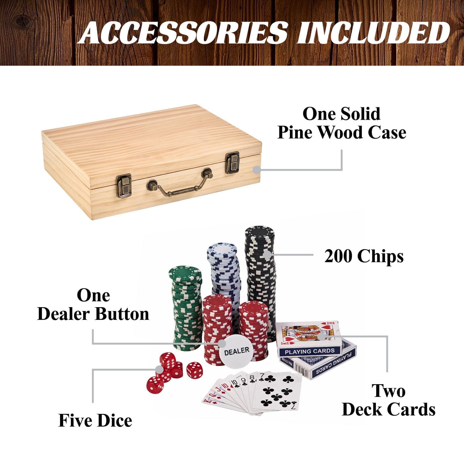 Barrington Billiards Jeu de jetons de poker 200 pièces avec étui et cartes en bois de pin, poids des jetons 11 g