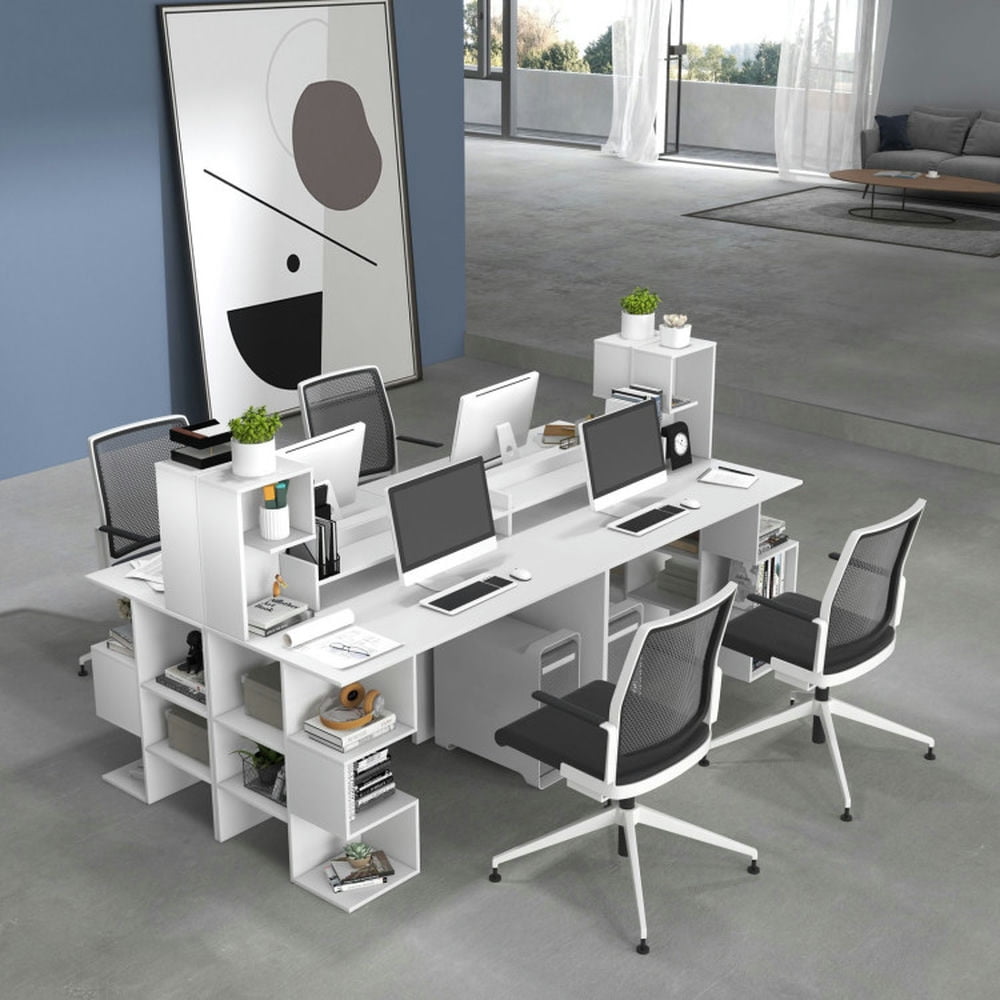 Demi Bonn Modern Computer Desk with Storage Bookshelf and Hutch for Home Office Desk Study Writing Table, White
