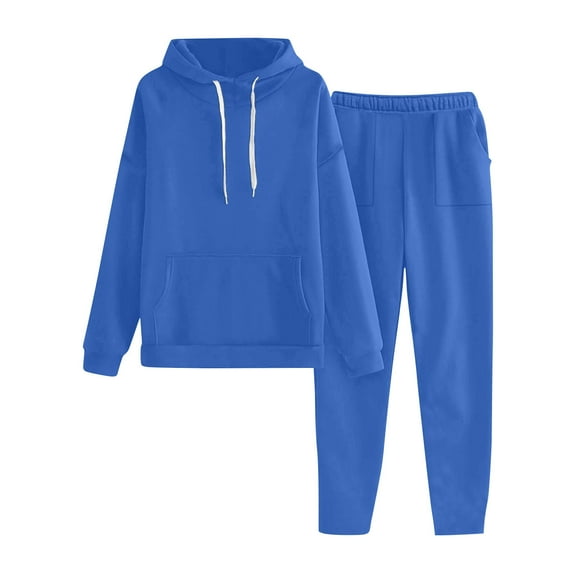 Homenesgenics 2-Piece Lounge Set Women Solid Color Drawstring Hooded Pocket Long Sleeved Pants Hooded Set Blue XL