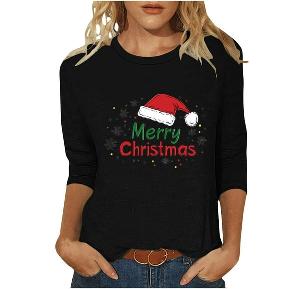 Lcziwo Shirts for Women 3/4 Sleeve Xmas Holiday Crew Neck Tees Wine Glass Santa Hat Print Elegant Tops Fall Fashion Casual Trendy Blouses Army Green,S