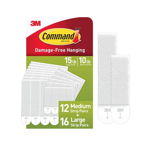 Command Medium and Large Picture Hangers, Holds 10 & 15 lbs, White, 12 Medium, 16 Pairs Large Adhesive Strips