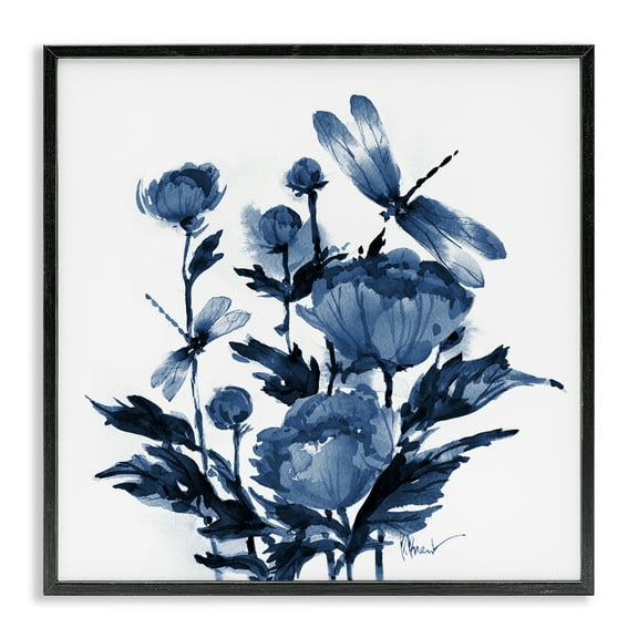 Stupell Industries Indigo Peonies & Dragonflies Black Framed Giclee Art design by Paul Brent, 12 x 12